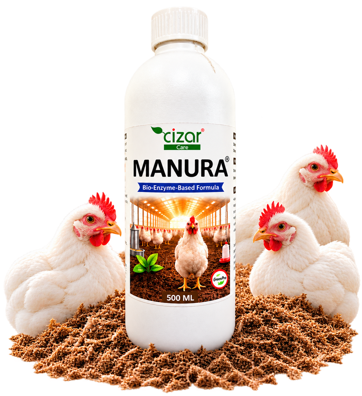 Cizar Manura® Bio-Enzyme product bottle 500 ML with poultry litter granules